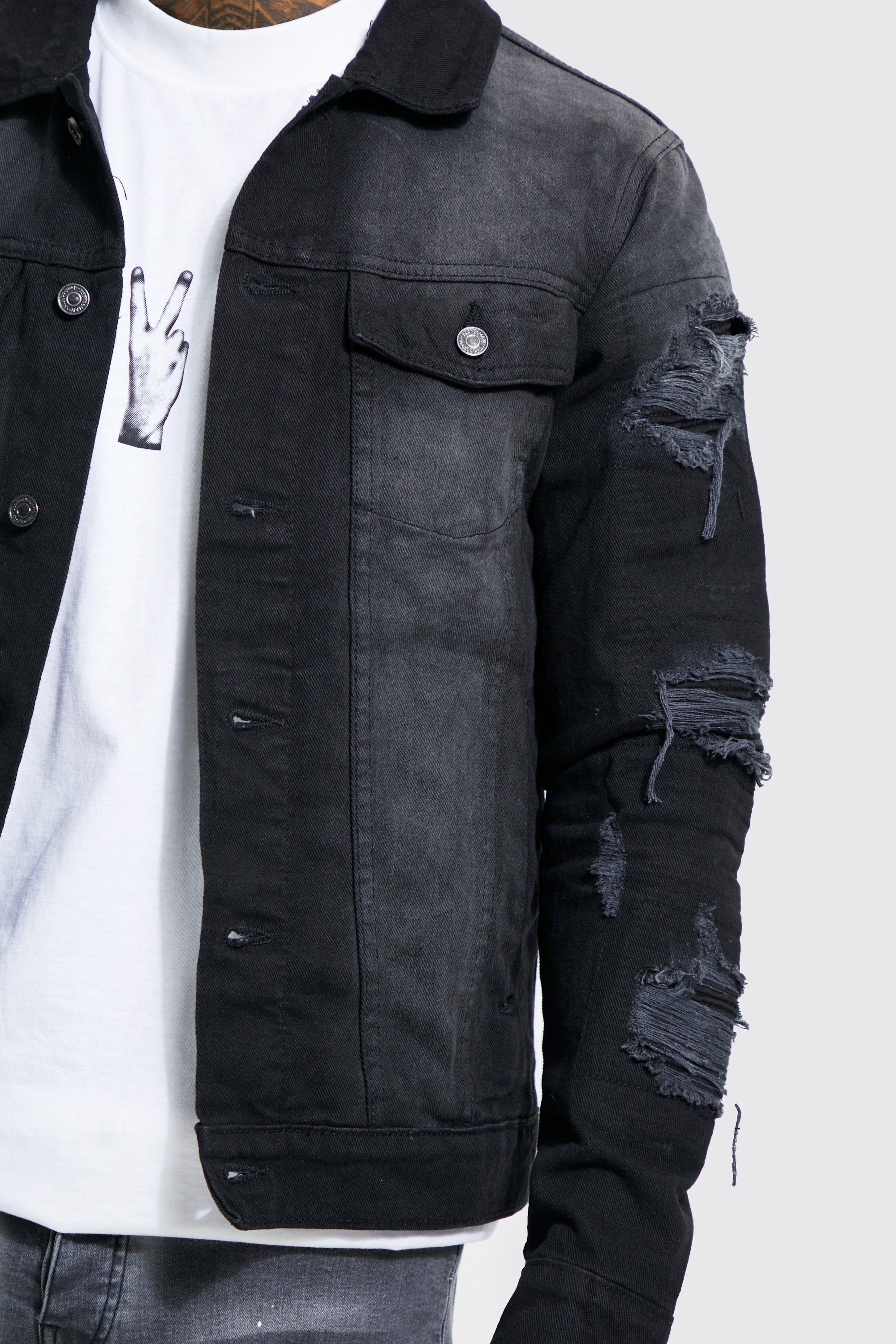 Black jean clearance jacket ripped mens